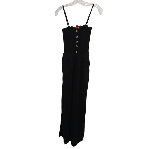 Y2K GUESS Linen Jumpsuit Sz S BLACK Smocked Tube Wide Leg Glam Goth Barbiecore - Picture 1 of 16